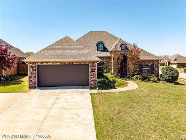 french country inspired facade with a front lawn, driveway, a shingled roof, an attached garage, and brick siding