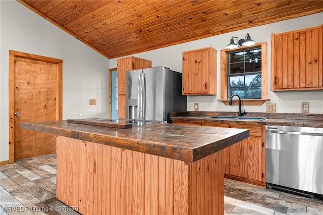 kitchen featuring lofted ceiling, sink, a kitchen island, wood ceiling, and stainless steel appliances