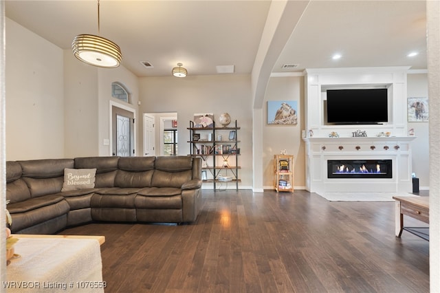 living room featuring a fireplace and dark hardwood / wood-style flooring