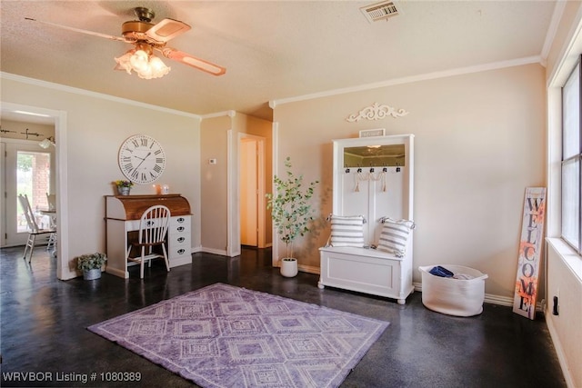 3745 E 420th Rd, Adair, OK 74330 - interior space with ceiling fan, baseboards, visible vents, and ornamental molding