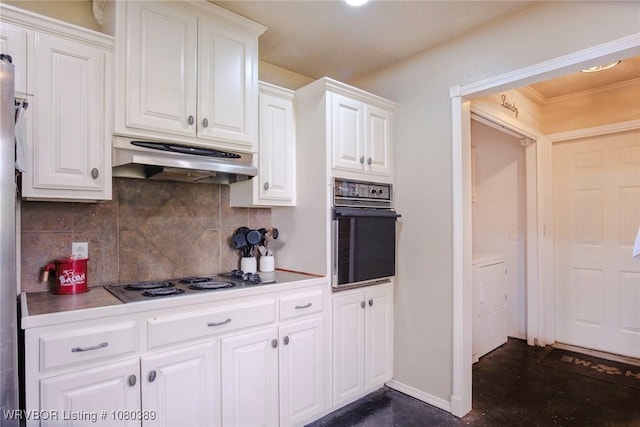 3745 E 420th Rd, Adair, OK 74330 - kitchen with white cabinets, oven, stovetop, backsplash, and under cabinet range hood