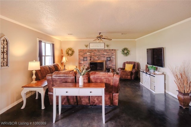 3745 E 420th Rd, Adair, OK 74330 - living area featuring a textured ceiling, ornamental molding, baseboards, and ceiling fan