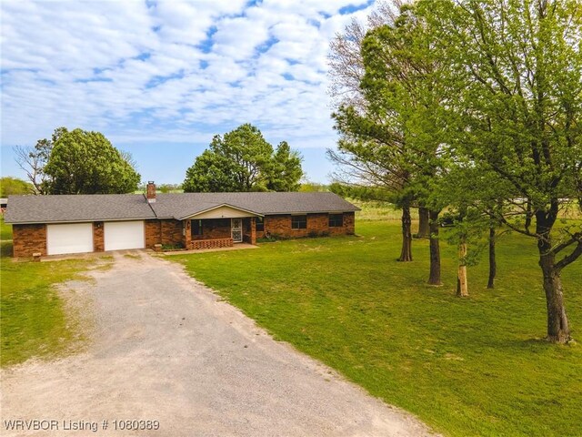 3745 E 420th Rd, Adair, OK 74330 - ranch-style home with a chimney, dirt driveway, an attached garage, a porch, and a front yard