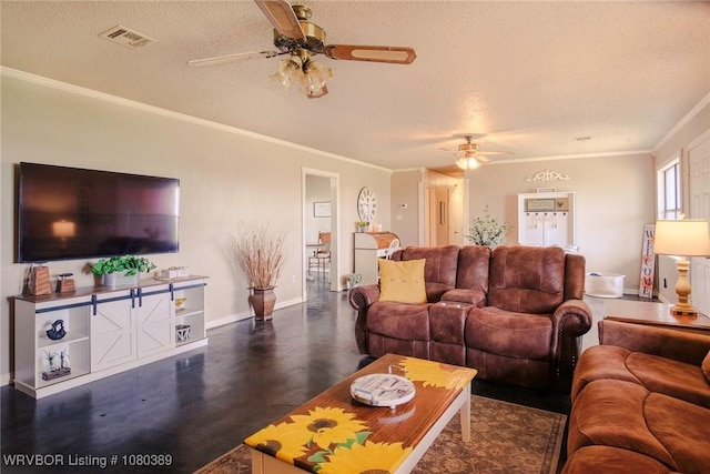 3745 E 420th Rd, Adair, OK 74330 - living area with a textured ceiling, ornamental molding, baseboards, and ceiling fan