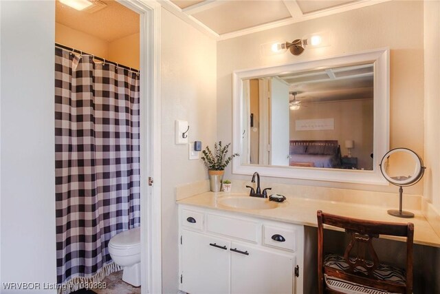 3745 E 420th Rd, Adair, OK 74330 - bathroom featuring curtained shower, toilet, and vanity