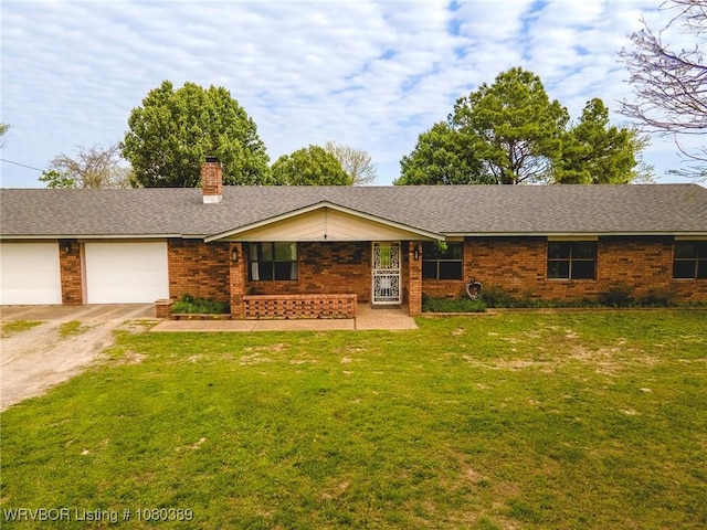 3745 E 420th Rd, Adair, OK 74330 - single story home featuring an attached garage, dirt driveway, a chimney, and a front lawn