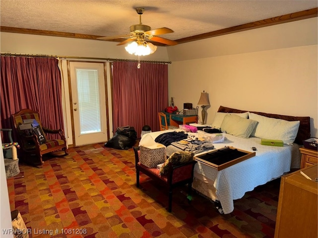 2904 Cedar Valley Dr, Greenwood, AR 72936 - carpeted bedroom with a textured ceiling, ornamental molding, a ceiling fan, and access to outside