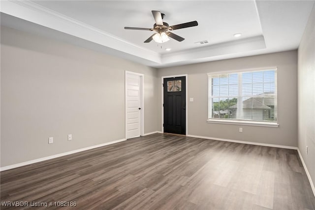 2325 Amy Ln, Van Buren, AR 72956 - entryway featuring a raised ceiling, dark wood finished floors, ceiling fan, ornamental molding, and recessed lighting