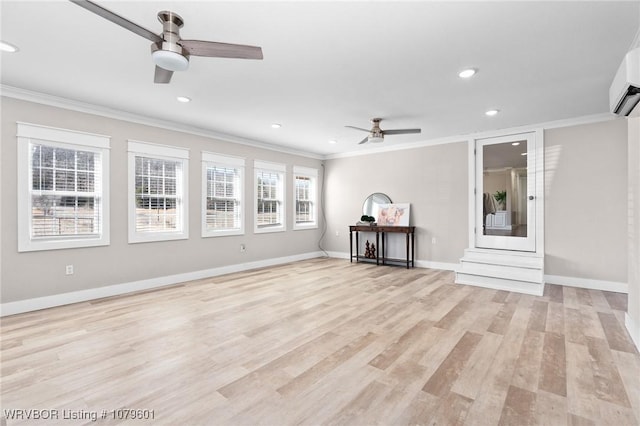 unfurnished living room featuring crown molding, a ceiling fan, and light wood-type flooring