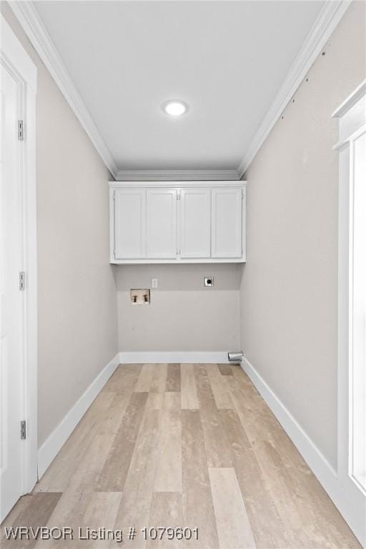 laundry area featuring light wood-type flooring, washer hookup, crown molding, baseboards, and hookup for an electric dryer