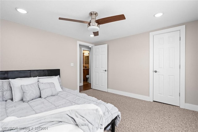 carpeted bedroom with recessed lighting, a ceiling fan, and baseboards