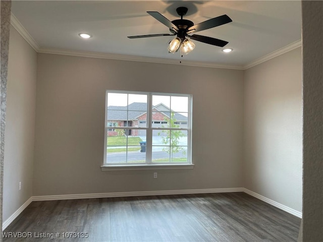 unfurnished room with ceiling fan, dark hardwood / wood-style floors, and ornamental molding