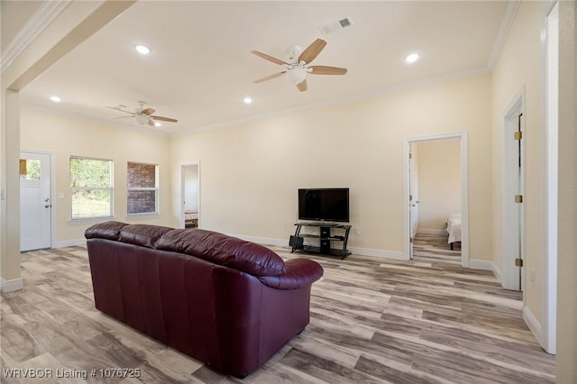 living room featuring ceiling fan, light wood-type flooring, and crown molding