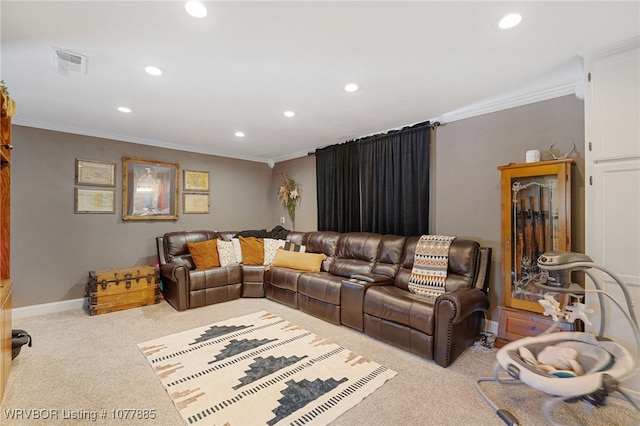 living room with crown molding and light carpet