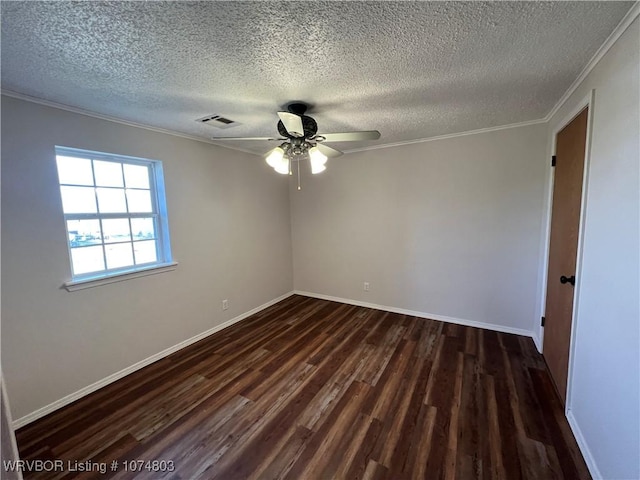 unfurnished room with a textured ceiling, crown molding, ceiling fan, and dark wood-type flooring