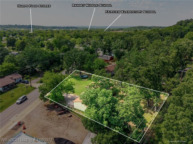 4209 Old Jenny Lind Rd, Fort Smith, AR 72901 - aerial view of property and surrounding area with property parcel outlined and a heavily wooded area