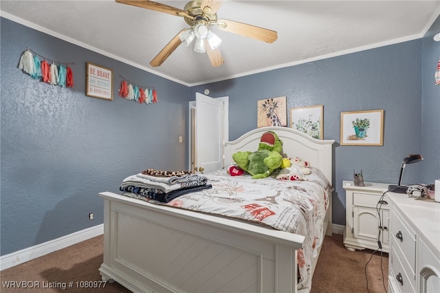 4209 Old Jenny Lind Rd, Fort Smith, AR 72901 - bedroom with dark colored carpet, a textured wall, baseboards, ceiling fan, and crown molding