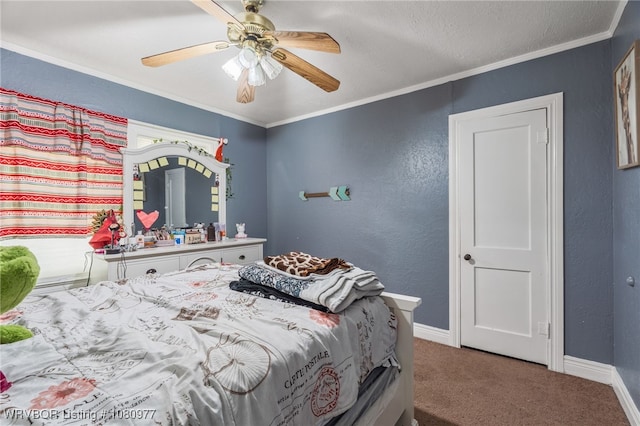 4209 Old Jenny Lind Rd, Fort Smith, AR 72901 - carpeted bedroom featuring baseboards, a textured wall, ornamental molding, and a ceiling fan