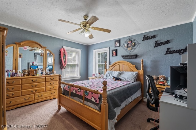 4209 Old Jenny Lind Rd, Fort Smith, AR 72901 - carpeted bedroom featuring a textured ceiling, a textured wall, a ceiling fan, and ornamental molding