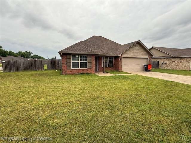 view of front of house with an attached garage, fence, concrete driveway, a front lawn, and brick siding
