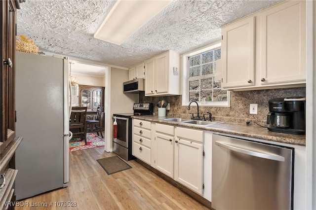 kitchen featuring light wood-type flooring, a sink, stainless steel appliances, a textured ceiling, and tasteful backsplash