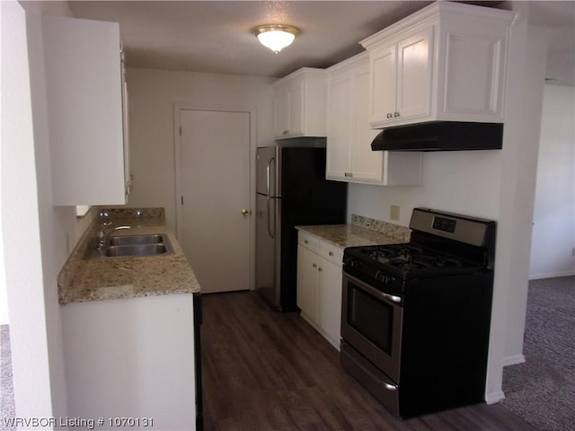 kitchen with black range with gas stovetop, sink, white cabinets, and dark hardwood / wood-style floors