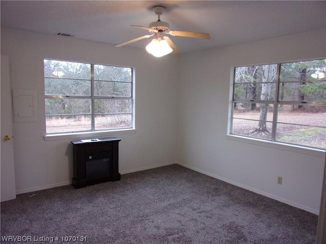 unfurnished room featuring carpet, ceiling fan, a healthy amount of sunlight, and electric panel