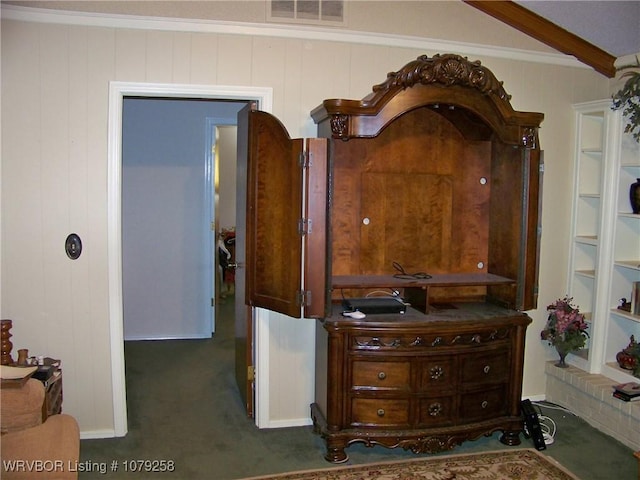 carpeted bedroom with ornamental molding and visible vents