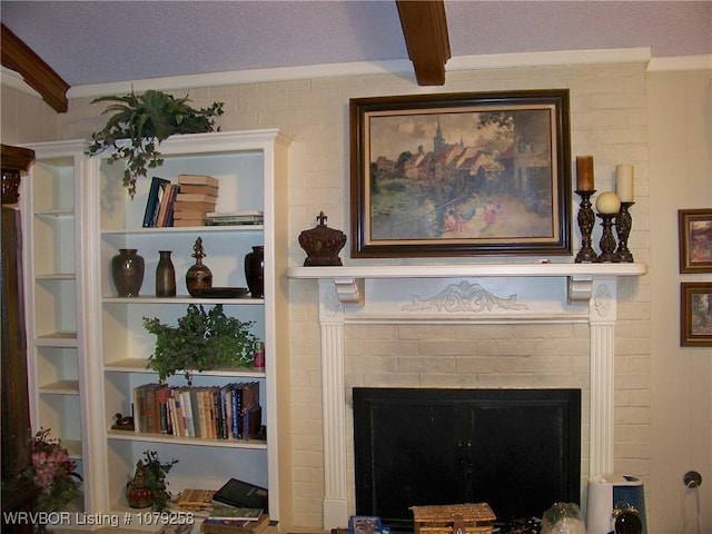 details featuring a fireplace and beamed ceiling