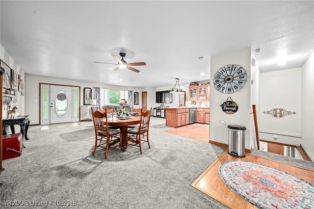 106078 S 4715th Rd, Muldrow, OK 74948 - dining area featuring a ceiling fan and light colored carpet