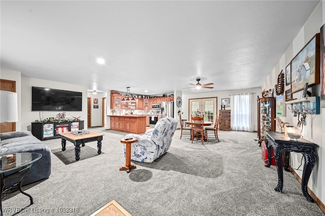106078 S 4715th Rd, Muldrow, OK 74948 - living area featuring light colored carpet and a ceiling fan