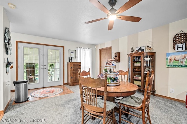 106078 S 4715th Rd, Muldrow, OK 74948 - dining area with ceiling fan, french doors, and light colored carpet