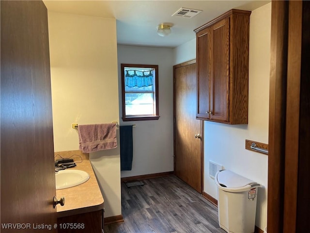 bathroom featuring vanity and hardwood / wood-style flooring