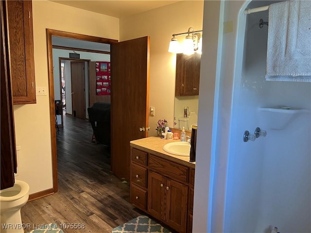 bathroom featuring vanity, wood-type flooring, and toilet