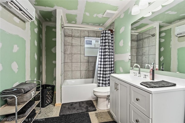 full bath featuring toilet, a wall unit AC, shower / bath combo with shower curtain, and vanity