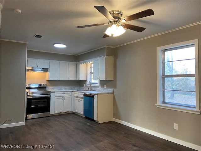 kitchen with a wealth of natural light, stainless steel range with electric stovetop, dishwashing machine, sink, and white cabinets