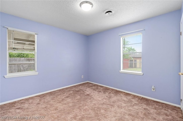 spare room featuring carpet, a textured ceiling, and baseboards