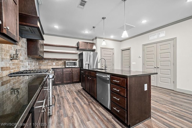9205 R A Young Jr Dr, Fort Smith, AR 72916 - kitchen featuring stainless steel appliances, open shelves, dark countertops, dark brown cabinetry, and crown molding