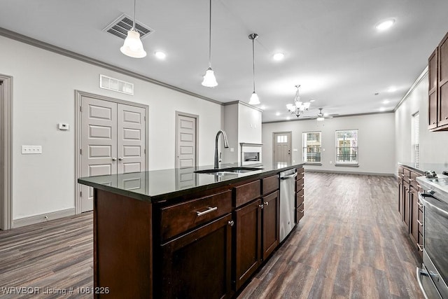 9205 R A Young Jr Dr, Fort Smith, AR 72916 - kitchen featuring a sink, ornamental molding, dark countertops, a chandelier, and dark wood-type flooring