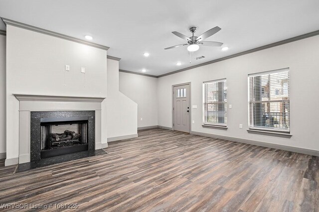 9205 R A Young Jr Dr, Fort Smith, AR 72916 - unfurnished living room with ornamental molding, wood finished floors, ceiling fan, baseboards, and recessed lighting