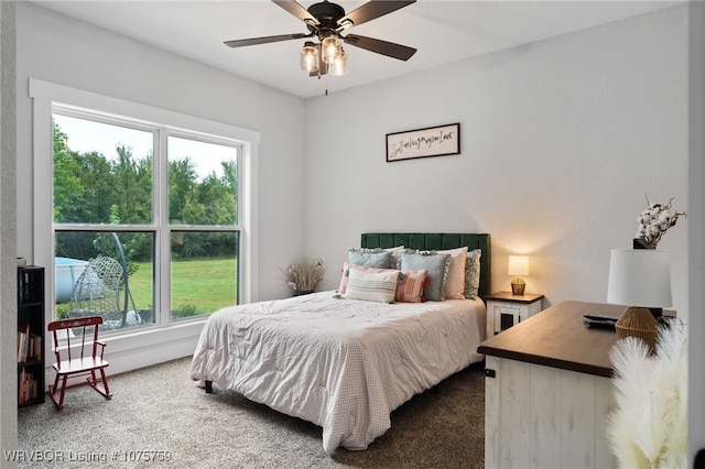 bedroom featuring carpet flooring and ceiling fan