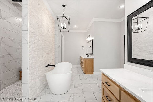 bathroom featuring plus walk in shower, vanity, ornamental molding, and an inviting chandelier