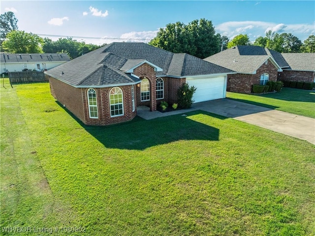 view of front of property with an attached garage, a shingled roof, driveway, and brick siding