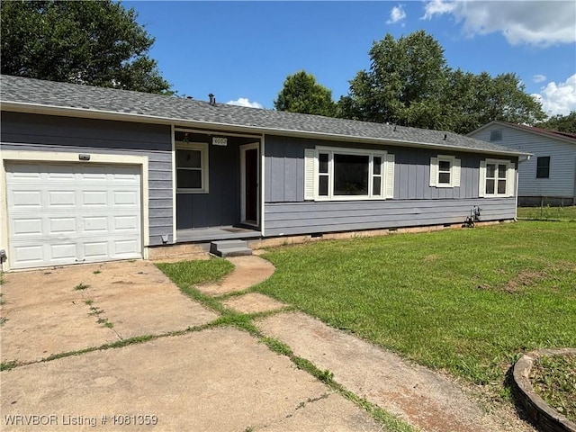 4002 57th St, Fort Smith, AR 72904 - ranch-style home featuring crawl space, a garage, concrete driveway, a front yard, and roof with shingles
