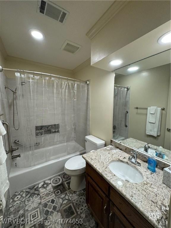 full bathroom featuring shower / bathtub combination with curtain, tile patterned flooring, toilet, vanity, and ornamental molding