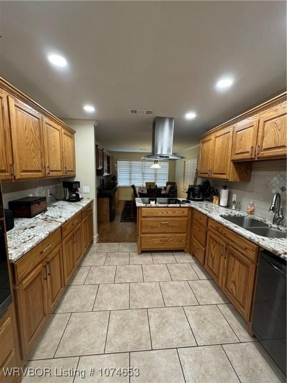 kitchen featuring dishwasher, sink, kitchen peninsula, extractor fan, and light tile patterned flooring