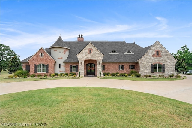 view of front facade with french doors and a front lawn