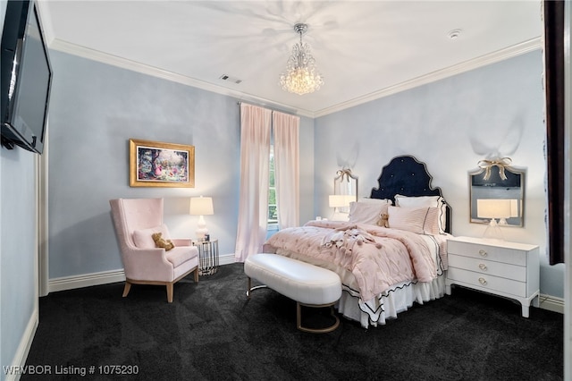 bedroom with dark colored carpet, an inviting chandelier, and ornamental molding