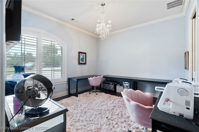 office space with wood-type flooring, an inviting chandelier, and crown molding