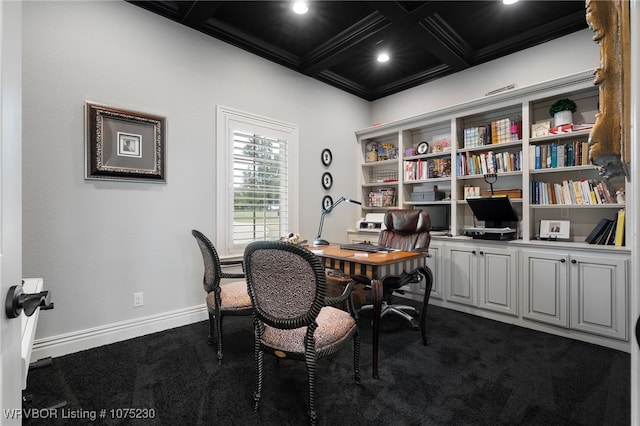 carpeted home office with crown molding, beamed ceiling, and coffered ceiling